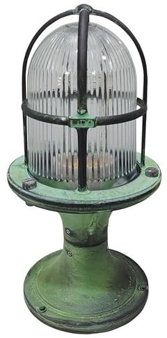 Licht-Erlebnisse Außenleuchte Garten klein Echt-Messing 28 cm hoch IP54 Grün Antik E27 Maritim Wegeleuchte aussen Terrasse Sockelleuchte Stehlampe außen