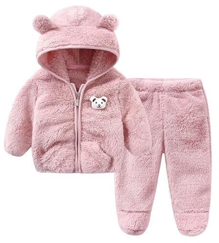 Happy Cherry Bambini Completini in Pile Set di 2 Neonata Tutina Autunno Inverno Casual Giacca Manica Lunga con Cappuccio + Pantaloni con Vita Elastica Outfit Felpato Rosa 12-18 Mesi