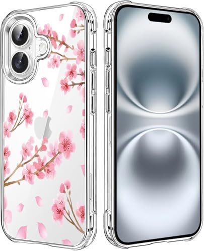 HEYORUN Sakura Schutzhülle für iPhone 16, Motiv: Kirschblüte, transparent, flexibel, TPU, stoßfest, für Mädchen und Frauen, Blumenmuster, Rosa