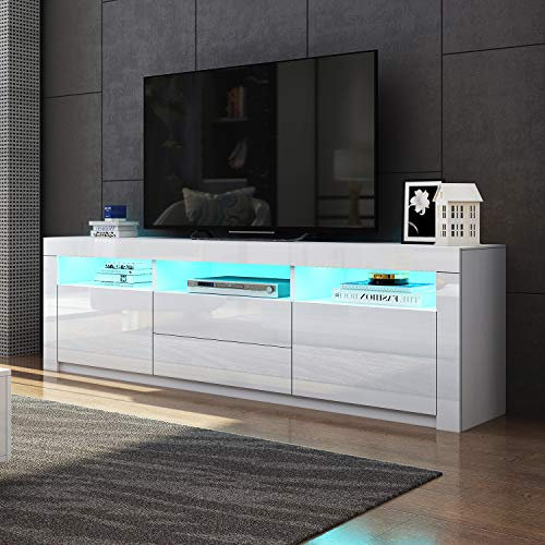 Genforiek TV Schrank für Wohnzimmer, TV-Ständer Weiß Mattes Gehäuse und Hochglanzfront 2 Türen 2 Schubladen TV Lowboard 160cm mit RGB LED Licht