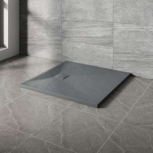 NRG 800x800mm SMC Square Shower Tray Anthracite Bathroom Shower Base | Slip Resistance, Wet Room Shower Base Tray, Shower Enclosure Tray, Wetroom Shower Cubicle Base, Slate Effect, Easy to Clean
