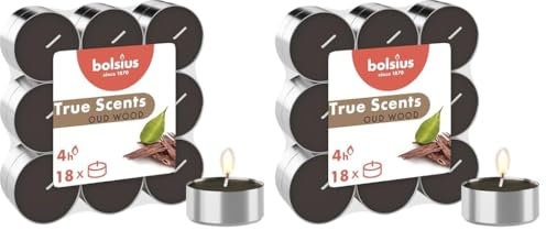 Bolsius True Scents – 18 Teelichter – Oud Wood – Brenndauer: 4 Stunden – Innendekoration – natürliche Extrakte – mit natürlichem veganem Wachs (Packung mit 2)