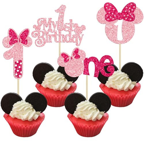 Ephlyn 24Pcs Mouse 1st Birthday Cupcake Toppers, Pink Bow Mini First Birthday Cake Decorations Mouse One Cupcake Picks for Baby Shower 1st Birthday Party Decors Pink Rose Red