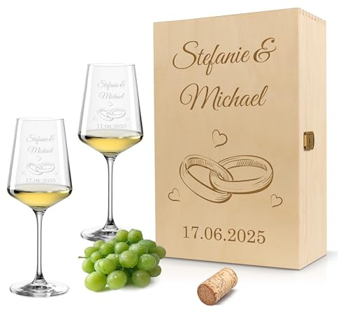 Gravur-Max Weinglas 2er Set 560 ml - Mit Motiv “Eheringe” – Hochzeits-Glas - Leonardo Puccini Glas mit Lasergravur – personalisierte Weingläser mit Namen & Datum in Holzbox – Geschenk für Paare