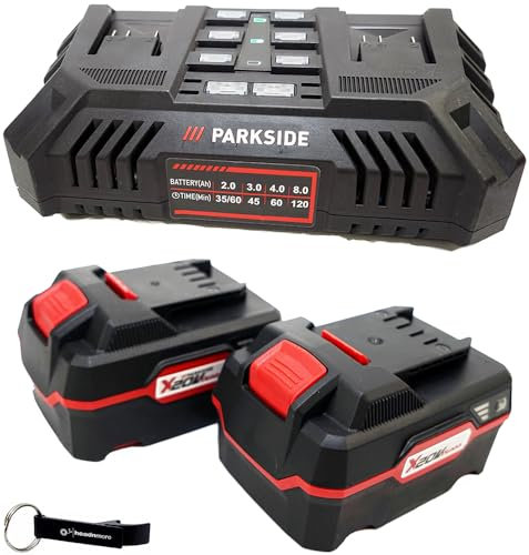 HEADNMORE® Parkside® Chargeur double batterie 20 V PDSLG 20 + 2 batteries 4 Ah + porte-clés HEADNMORE®