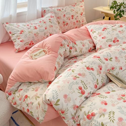 GETIYA Elegant Blumen Bettwäsche 100x135 Baumwolle Bettwäsche Bunt Blattmuster Blumenmuster Bettbezug Weiß Rosa Wendebettwäsche Mädchen Deckenbezug Zweiteilig mit 1 Kissenbezug 40x60