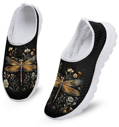 Kuiaobaty Lässige Netz-Turnschuhe für Damen, modische Sneaker, bequeme Laufschuhe, atmungsaktiv, Walking-Tennisschuh, Slip-On-Schuh, Libellen-Blume, 38 EU