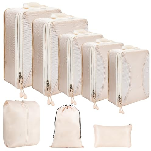 Koffer Organizer Set Kompression 8-teilig, Beige | Platzsparende Packwürfel, Doppelreißverschluss, Wasserdichte Kleidertaschen, Für Reisen, Urlaub, Handgepäck & Rucksack
