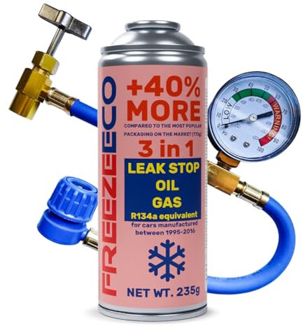 FreezeECO Kit 3en1 Tapa Fugas Aceite Gas 235g Tipo A + Manguera con manómetro 15/30cm FE Tipo A [R134a/Equivalente R12 - Vehículos 1995-2016] Tipo A (11,5mm) 235g