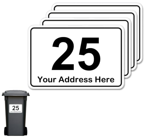 4 x Personalised Wheelie Bin Number and Address Stickers 100 x 150mm | Customised House Number and Street Name Weatherproof Custom Bin Sticker Easy Peel and Stick