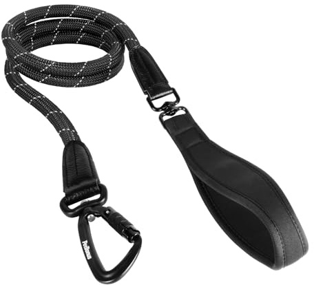 PetBonus Rope Dog Lead, 1.5 m Pet Nylon Lead with Auto Locking Carabiner | Comfortable Padded Handle, Aviation Aluminum Clip, Reflective, Walking Training Lead, For Medium Large Breed, Black