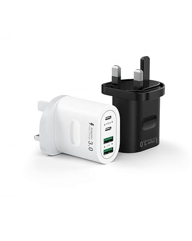 4-Port Multi USB Plug UK 2 Pack 60W USB C Charger Plug, Fast Charging Adapter (Dual USB-C 30W + Dual USB-A 5V/2.1A), GaN Type C Wall Charger for iPhone 16/15/14/13/12 Pro Max, iPad, Samsung