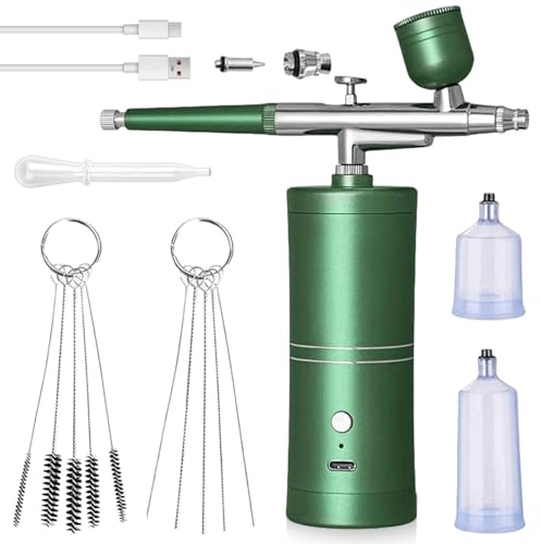 Kit aérographe avec compresseur, kit aérographe portable sans fil, rechargeable, pistolet pulvérisateur multifonction double action pour nail art, tatouages, maquillage, modélisme (vert)
