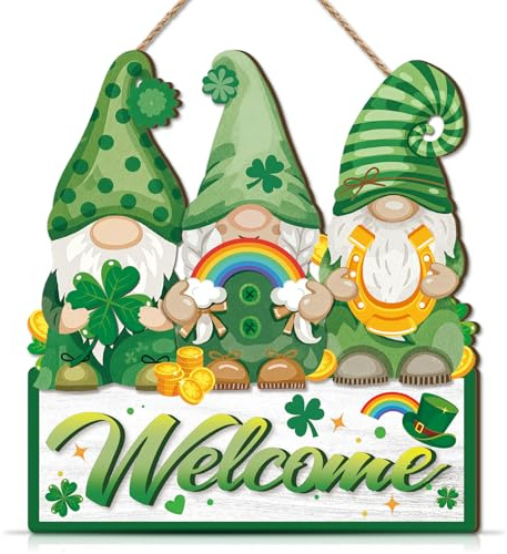 CHDITB St. Patrick's Day Gnome Welcome Sign,Green Gnome Clover Wreath Sign for Front Door,StPatricks Day Irish Decoration,Shamrock Clover Horseshoe Irish Wall Decor for Home Yard Indoor Outdoor Garden