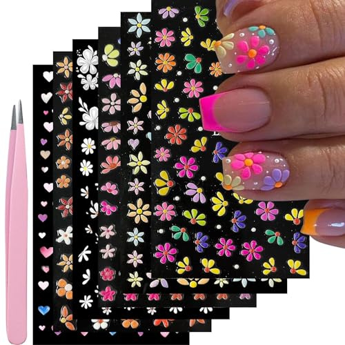 VelvetGlow Nail Art Adhesivos Adhesivos 5D en relieve Flor Colorida Adhesivos de uñas autoadhesivos Primavera Verano Corazón Daisy Decoración de uñas 3D para mujeres