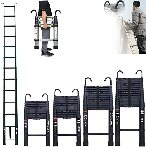 6.2M Telescopic Ladder with hooks, 20.3FT Black Multi-Purpose Folding Aluminium Telescoping Ladder Foldable Ladder Extension Ladder Extendable Portable Loft Ladder Lightweight, 330lb Capacity, EN131