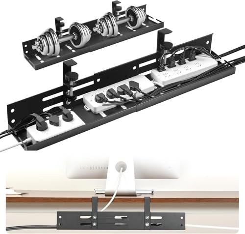 Retractable Under Desk Cable Management Tray No Drill, 43–76 cm Long Adjustable Wire Organiser with Clamp Mount, Cable Tidy for Office Workspace, Gaming/Standing Desk, Black