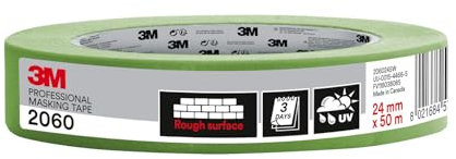 3M Professional Masking Tape 2060, Rough Surfaces, Green - 1 Roll 24 mm x 50 m - Painting Tape for Indoor and Outdoor Use, Protects Surfaces and Removes Easily