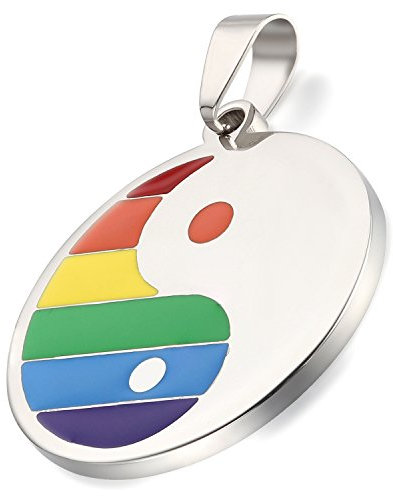 Flongo Gay Schwul LGBT Anhänger Halskette, Edelstahl Silber Mehrfarbig Bunt Regenbogen Streifen LGBT Lesbe Gay Pride Schwul Homosexuell Tai Chi Yin Yang Herren, Damen