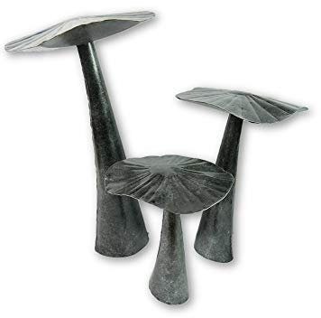 Metal Mushroom Sculpture, Antique Silver - Set of 3 Large Flat Toadstools - Approx. 20/30/40cm - Garden Ornament with Ground Spike - Unique Fairy Garden Accessories