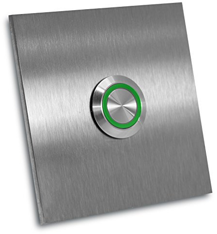 Jung Edelstahl Design - Edelstahl Türklingel Rio Aufputz oder Unterputz - 7 X 7 cm mit LED Drucktaster - Klingel aus V2A Edelstahl geschliffen - Haustürklingel ohne Gravur(LED grün)
