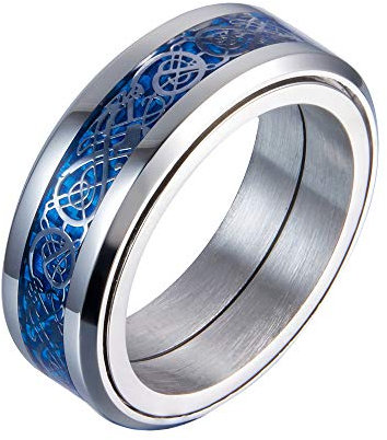 PAURO Herren Edelstahl Silber Keltische Drache Helle Kanten Blau Carbon Faser Inlay Spinner Ring 8mm Band Größe 62