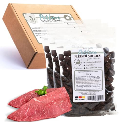PetLove Fleisch Softies für Hunde • Hundeleckerli ohne Getreide • 63% Fleischgehalt • Hunde Leckerlis für Training • Kaninchen (3x200g)