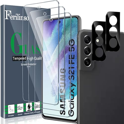 Ferilinso Entworfen für Galaxy S21 FE 5G Schutz Glas, 3 Stück HD Klar Schutzmit 2 Stück Kamera Schutz Glas, Hülle Freundlich, Kameraschutz