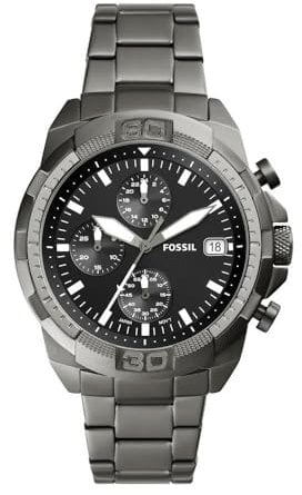 Fossil Orologio Bronson da uomo, Movimento cronografo al quarzo con cinturino in pelle o acciaio inossidabile, Grigio Scuro, 44 mm