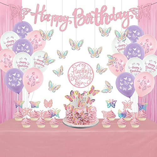 Schmetterlings-Geburtstagsparty-Dekorationen – Happy-Birthday-Banner, Latexballons, 3D-Schmetterlingsaufkleber, Tortenaufsatz, Fransenvorhänge und Tischdecke für Mädchen, Frühlingsgartenparty-Zubehör