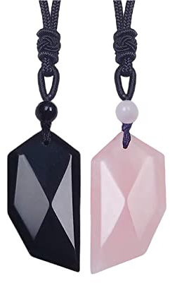EDEN'S CALL Natural Crystal Stone Wolf Tooth Necklace for Women and Men Adjustable Faceted Quartz Stone Pendant Necklace for Reiki Balancing, Rose Quartz + Black Obsidian, rose quartz + black obsidian