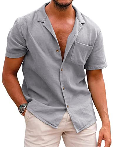 XianXinXn Men's Casual Loose Linen Short Sleeve Shirts Summer New Solid Color Lapel Linen Shirt Gray S