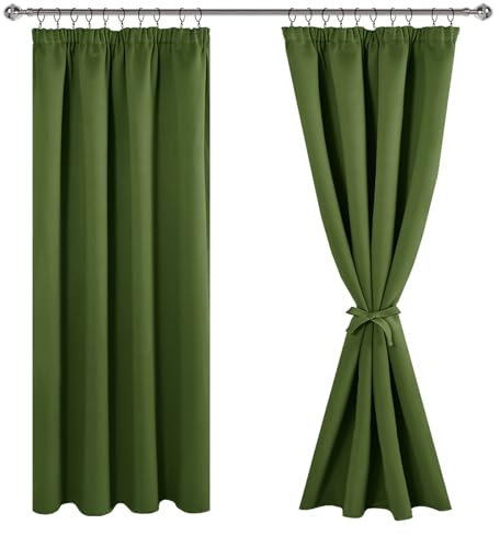 JIUZHEN Vorhänge mit Kräuselband Gardinen Wohnzimmer Verdunklungsvorhänge Vorhang Blickdicht Vorhänge Schlafzimmer Thermovorhang Oliv Grün, H200 x B140 cm,2er Set