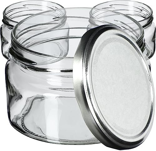 KADAX Lot de 100 bocaux à confiture, 250 ml, avec couvercle Twist-Off fi82, hermétiques et passent au lave-vaisselle, en verre épais, choix de bouchons à vis (argentés)