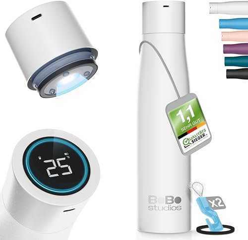 BoBo Studios® 500ml Smart Bottle Trinkflasche aus bestem Edelstahl, UVC Sterilisation gegen Bakterien Viren, 24 Std kalt, 12 Std heiß, Trinkerinnerung, Display, selbstreinigend, viel Zubehör (Weiß)