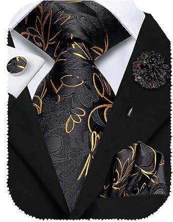 Hi-Tie Seidenkrawatte und Einstecktuch Manschettenknöpfe, Reversnadel-Set, Jacquard, Hochzeit, Business, Krawatte für formelle Anlässe, Schwarz / Gold B, Length: 59 Inches