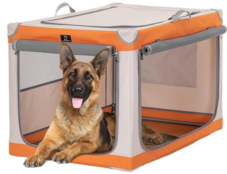 A 4 Pet Hundebox für zuhause, Hundebox faltbar große Hunde Soft tragebar Hundetransportbox, leicht zu verstauen mit montiertem Aluminium Rahmen, einstellbare Kompatibilität (XL, Orange+Beige)