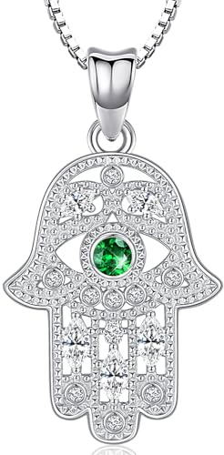 Aniu Fatima Hand Kette Silber 925 Hamsa Hand Kette für Damen Hand der Fatima Anhänger Kette und Grünem Auge, Halsketten Fatimas Hand Schmuck für Damen Mädchen