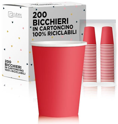 cubex professional 200 Bicchieri in Carta 200ml Biodegradabili Ed Ecologici Monouso, Per Asporto Bevande Calde E Fredde, Colorati E Made in Italy (200 Bicchieri, Rosso)