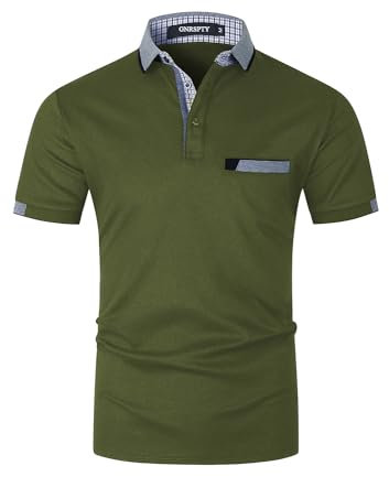 GNRSPTY Herren Poloshirts Kurzarm Baumwolle Polo Shirts Männer Slim Fit Polohemd Golf Farbe Nähen T-Shirt M-3XL,Armeegrün 24,L