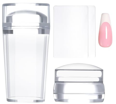 Greoer French Tip Stamper Kit, 2 Pieces Clear Nail Art Jelly Stamper with 2 Pieces Scrapers, Long Short Soft Silicone Jelly Stamper for Nails, French Nail Line Tools for French Manicure DIY Salon