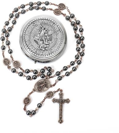 Nazareth Store St. Michael Rosenkranz Halskette mit Hämatit-Steinperlen, Metallperlen, Glory Beads, Erzengel-Medaille und Kreuz, mit Metall-Geschenkbox (Kupfer | Jesus-Kreuz)