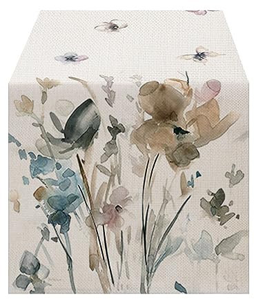 Lslandmood Deko Tischläufer Modern Wohnzimmer Tischsets, Wetterfest Tischläufer Leinen, Lang Tischläufer Abwaschbar Outdoor, Natur Blumen Tischläufer für Party Tischmatten Läufer 33x183