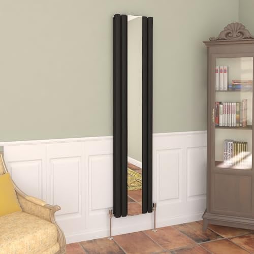 NRG Vertical Oval Column Radiator with Mirror Designer Double Panel Mirror Bathroom Heating Radiator - 1800 x 380mm Black