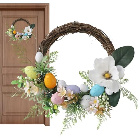 PEKMAR Ostereierkranz Haustür, Osterkranz mit bunten Eiern und Blumen, Frühlings-Ostern-Kranz mit bunten Eiern für die Haustür, Fensterkranz