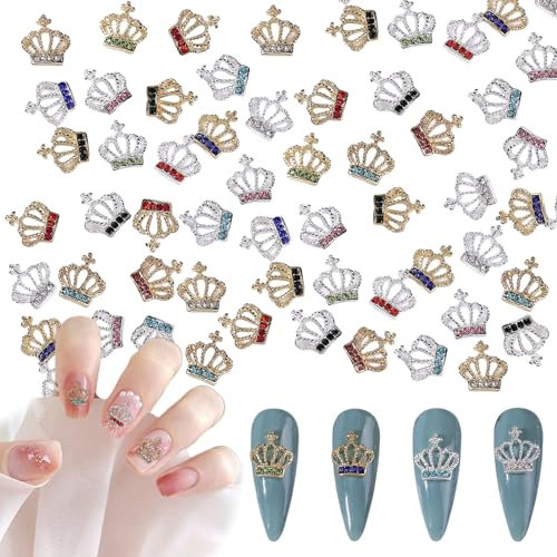 Crown 30 Pcs 3D Nail Charms - Gold & Silver Rhinestones and Gems Alloy Nail Decorations for DIY Supply and Jewelry Makingrandom Color (Gold+Silver)