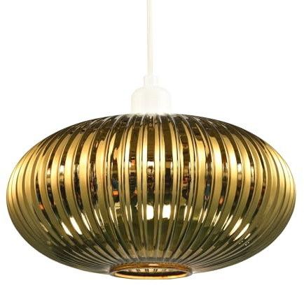 Modern Designer Shiny Gold Plated Line Ribbed Glass Oval Pendant Lamp Shade | 30cm x 17cm | for Kitchen Island Living Room Bedroom Dining Room etc by Happy Homewares