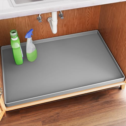 FLATO Alfombrilla impermeable para debajo del fregadero, forro de estante de 28 x 22 pulgadas para cocina y baño, protector de gabinete, organizadores y almacenamiento, bandeja de goteo de silicona