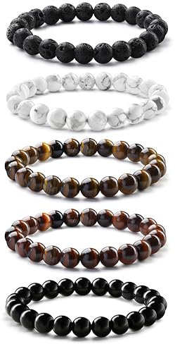 Milacolato 3-5PCS Armbänder für Herren 8MM Tigerauge Armband Herren Schwarzen Perlenarmband Herren Elastische Lavastein Armband Herren Perlen Vatertag Armband für Männer Schmuck Geschenke