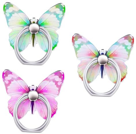 Amabro 3 Stück Handy Ring Halterung, 360° drehbar Handyringhalterung Finger Handy Fingerhalterung Handy Ringhalter Metallständer mit Schmetterlingsmuster Handy Fingerring Ständer (Farbverlauf B)